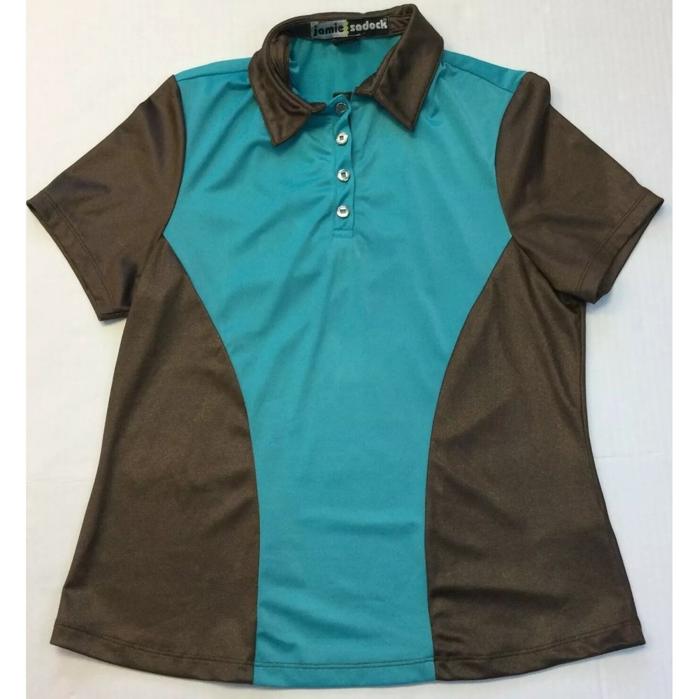 Jamie Sadock Womens Brown Blue Short Sleeve Activewear Polo Shirt Size M
